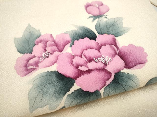 平和屋着物●九寸名古屋帯　手描き　枝牡丹　鬼しぼ縮緬　正絹　逸品　CABL0975hy