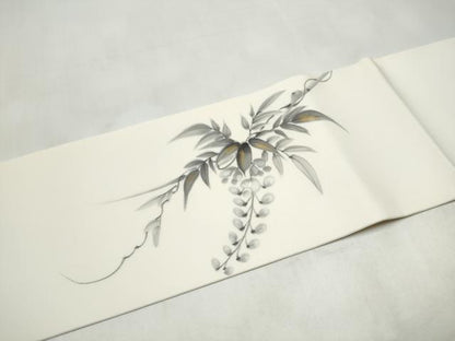 平和屋着物●塩瀬　九寸名古屋帯　手描き　藤花房　金彩　正絹　逸品　CABL0976hy