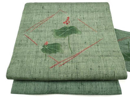 平和屋着物●九寸名古屋帯　紬地　刺繍　枝葉文　正絹　逸品　CABL0980hy