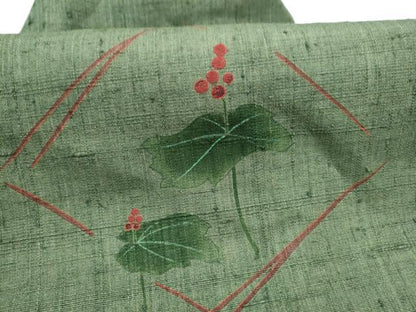 平和屋着物●九寸名古屋帯　紬地　刺繍　枝葉文　正絹　逸品　CABL0980hy