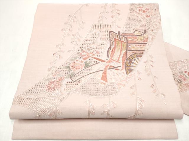 平和屋着物●中国三大刺繍　スワトウ相良刺繍　総刺繍　九寸名古屋帯　短冊御所車花文　正絹　逸品　CABL0991hy