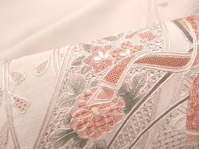 平和屋着物●中国三大刺繍　スワトウ相良刺繍　総刺繍　九寸名古屋帯　短冊御所車花文　正絹　逸品　CABL0991hy