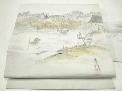 平和屋着物●九寸名古屋帯　作家物　浜紬　手描き　風景文　正絹　逸品　CABL0992hy