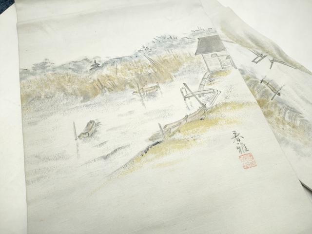 平和屋着物●九寸名古屋帯　作家物　浜紬　手描き　風景文　正絹　逸品　CABL0992hy