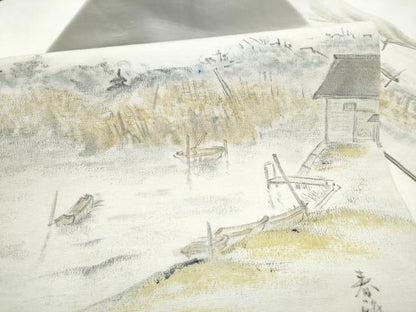 平和屋着物●九寸名古屋帯　作家物　浜紬　手描き　風景文　正絹　逸品　CABL0992hy