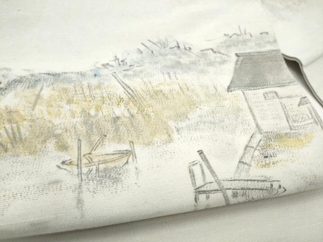 平和屋着物●九寸名古屋帯　作家物　浜紬　手描き　風景文　正絹　逸品　CABL0992hy