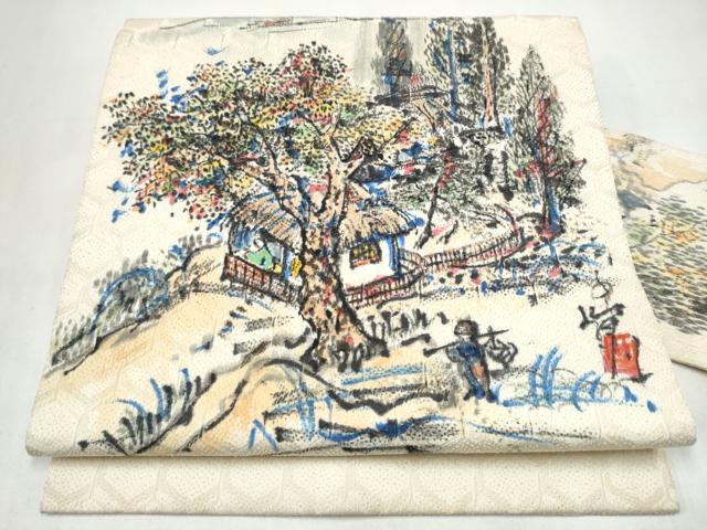 平和屋着物●九寸名古屋帯　作家物　手描き　人物風景文　正絹　逸品　CABL0996hy