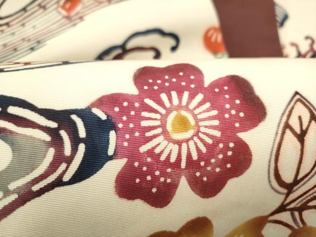 平和屋着物●塩瀬　九寸名古屋帯　紅型　流水舞花文　正絹　逸品　CABL1002hy