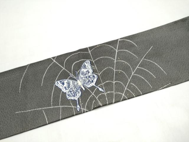 平和屋着物●九寸名古屋帯　藍　蜘蛛の巣　舞蝶文　金糸　正絹　逸品　CABL1006hy
