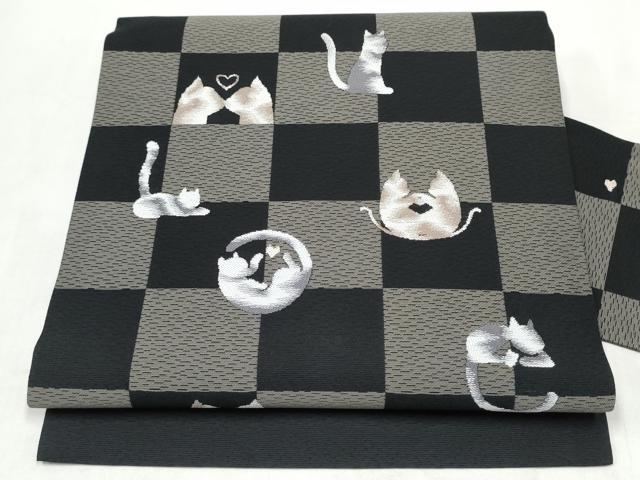 平和屋着物●九寸名古屋帯　猫　市松文様　黒地　正絹　逸品　CABL1008hy