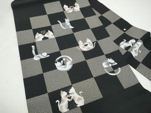 平和屋着物●九寸名古屋帯　猫　市松文様　黒地　正絹　逸品　CABL1008hy