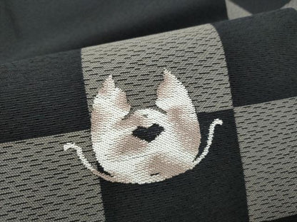 平和屋着物●九寸名古屋帯　猫　市松文様　黒地　正絹　逸品　CABL1008hy