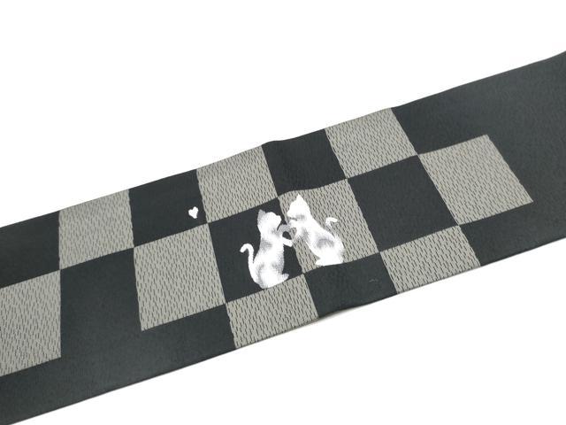 平和屋着物●九寸名古屋帯　猫　市松文様　黒地　正絹　逸品　CABL1008hy