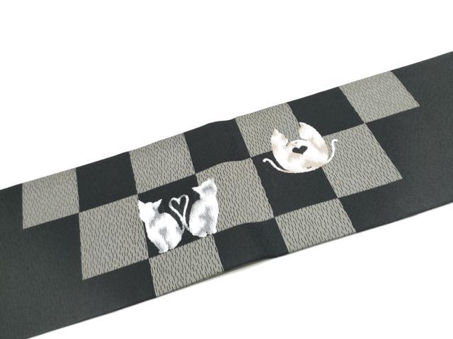 平和屋着物●九寸名古屋帯　猫　市松文様　黒地　正絹　逸品　CABL1008hy