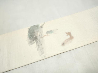 平和屋着物●九寸名古屋帯　手描き　紬地　鹿　草木文　正絹　逸品　CABL1010hy