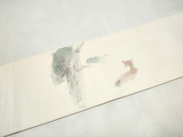 平和屋着物●九寸名古屋帯　手描き　紬地　鹿　草木文　正絹　逸品　CABL1010hy