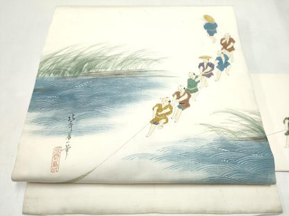 平和屋着物●塩瀬　九寸名古屋帯　手描き　人物文　金彩　正絹　逸品　CABL1011hy