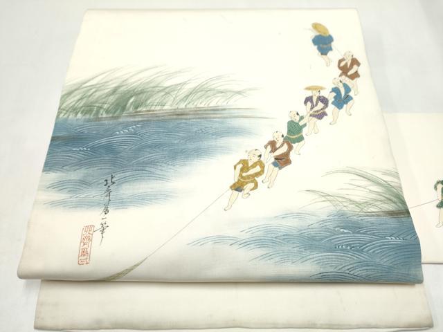 平和屋着物●塩瀬　九寸名古屋帯　手描き　人物文　金彩　正絹　逸品　CABL1011hy