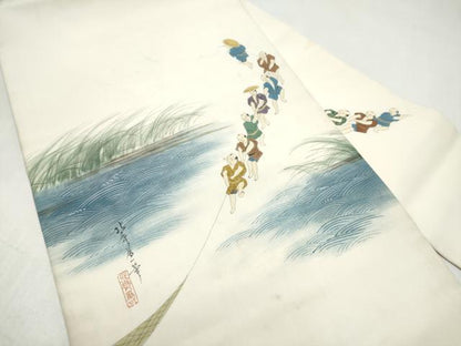 平和屋着物●塩瀬　九寸名古屋帯　手描き　人物文　金彩　正絹　逸品　CABL1011hy