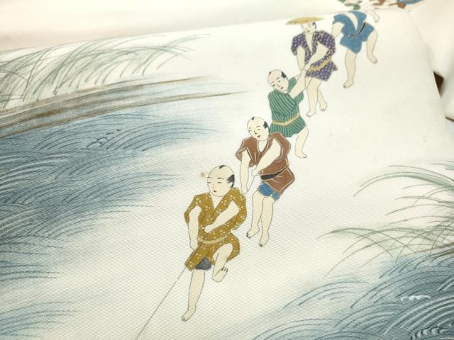平和屋着物●塩瀬　九寸名古屋帯　手描き　人物文　金彩　正絹　逸品　CABL1011hy