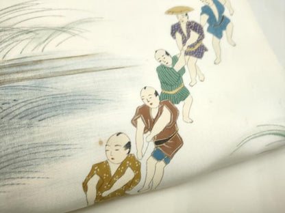平和屋着物●塩瀬　九寸名古屋帯　手描き　人物文　金彩　正絹　逸品　CABL1011hy
