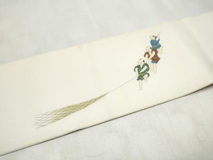 平和屋着物●塩瀬　九寸名古屋帯　手描き　人物文　金彩　正絹　逸品　CABL1011hy