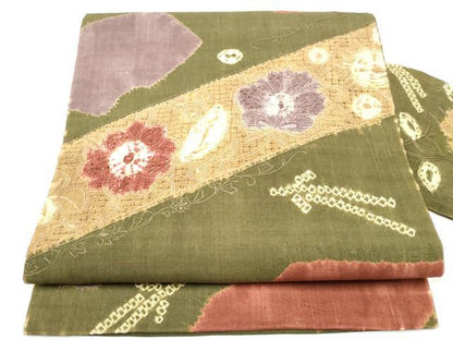 平和屋着物●中国三大刺繍　スワトウ刺繍　九寸名古屋帯　紬地　絞り　花唐草文　正絹　逸品　CABL1013hy