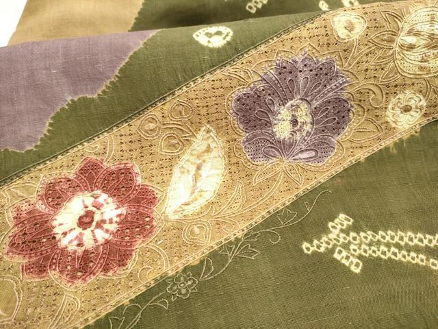 平和屋着物●中国三大刺繍　スワトウ刺繍　九寸名古屋帯　紬地　絞り　花唐草文　正絹　逸品　CABL1013hy