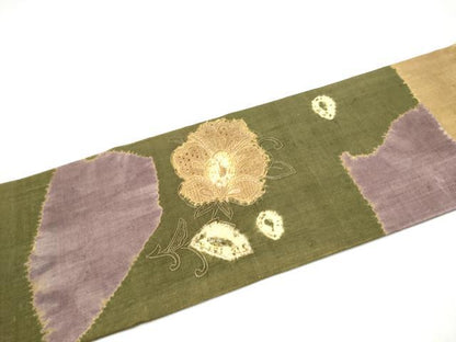 平和屋着物●中国三大刺繍　スワトウ刺繍　九寸名古屋帯　紬地　絞り　花唐草文　正絹　逸品　CABL1013hy