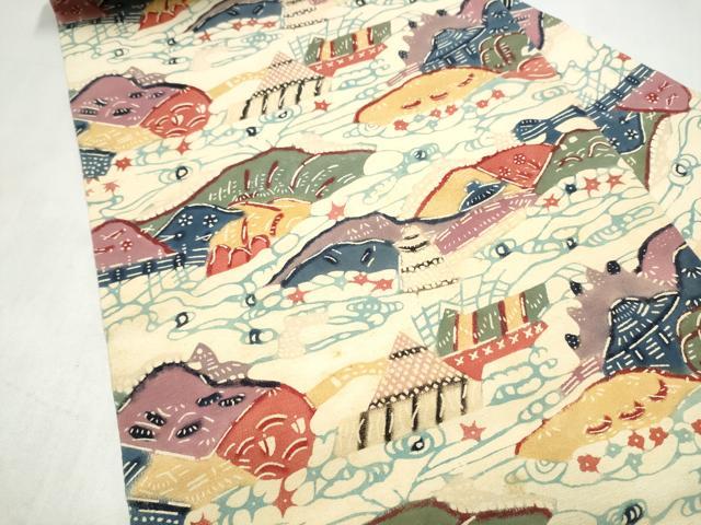 平和屋着物●九寸名古屋帯　紅型　風景文　正絹　逸品　CABL1015hy