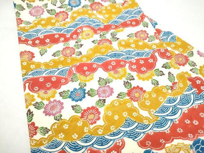 平和屋着物●塩瀬　九寸名古屋帯　型染め　流水草花文　正絹　逸品　CABL1018hy