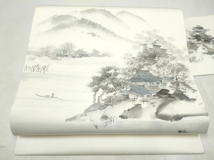 平和屋着物●塩瀬　九寸名古屋帯　作家物　手描き　風景文　正絹　逸品　CABL1029hy