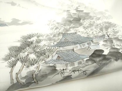 平和屋着物●塩瀬　九寸名古屋帯　作家物　手描き　風景文　正絹　逸品　CABL1029hy
