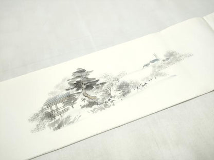 平和屋着物●塩瀬　九寸名古屋帯　作家物　手描き　風景文　正絹　逸品　CABL1029hy