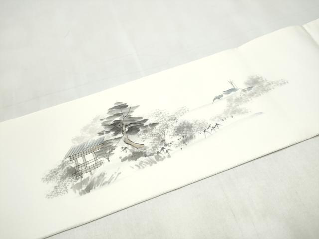 平和屋着物●塩瀬　九寸名古屋帯　作家物　手描き　風景文　正絹　逸品　CABL1029hy