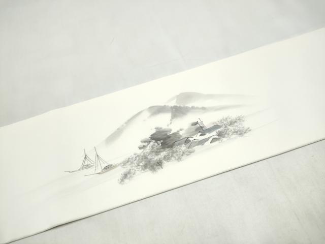 平和屋着物●塩瀬　九寸名古屋帯　作家物　手描き　風景文　正絹　逸品　CABL1029hy
