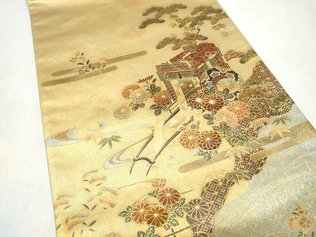 平和屋着物●漆工芸作家　金森一博　太鼓柄袋帯　螺鈿　御所車花文　金彩　正絹　逸品　CABL1045hy