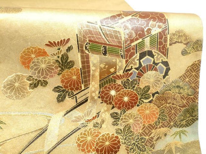 平和屋着物●漆工芸作家　金森一博　太鼓柄袋帯　螺鈿　御所車花文　金彩　正絹　逸品　CABL1045hy