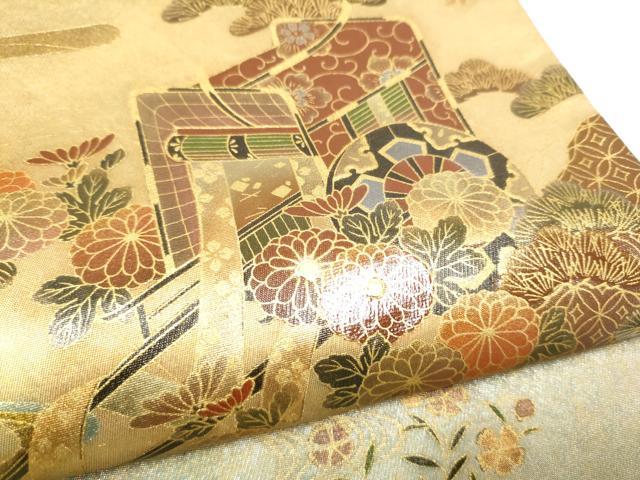 平和屋着物●漆工芸作家　金森一博　太鼓柄袋帯　螺鈿　御所車花文　金彩　正絹　逸品　CABL1045hy