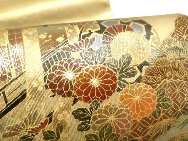 平和屋着物●漆工芸作家　金森一博　太鼓柄袋帯　螺鈿　御所車花文　金彩　正絹　逸品　CABL1045hy