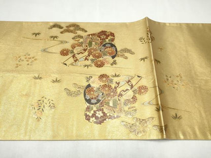 平和屋着物●漆工芸作家　金森一博　太鼓柄袋帯　螺鈿　御所車花文　金彩　正絹　逸品　CABL1045hy