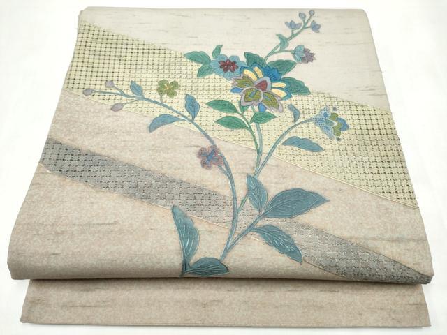 平和屋着物●中国三大刺繍　スワトウ相良刺繍　総刺繍　太鼓柄袋帯　紬地　更紗花文　正絹　逸品　CABL1046hy