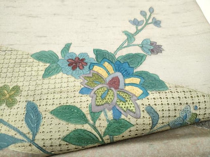 平和屋着物●中国三大刺繍　スワトウ相良刺繍　総刺繍　太鼓柄袋帯　紬地　更紗花文　正絹　逸品　CABL1046hy