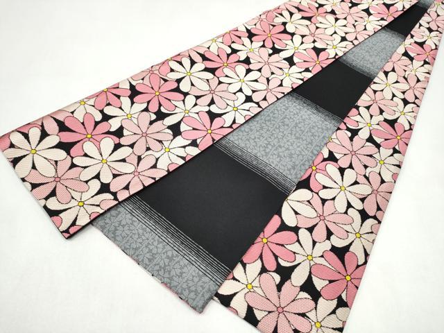 平和屋着物●両面　半幅帯　舞花文　黒地　やまと誂製　正絹　逸品　CABL1084hy