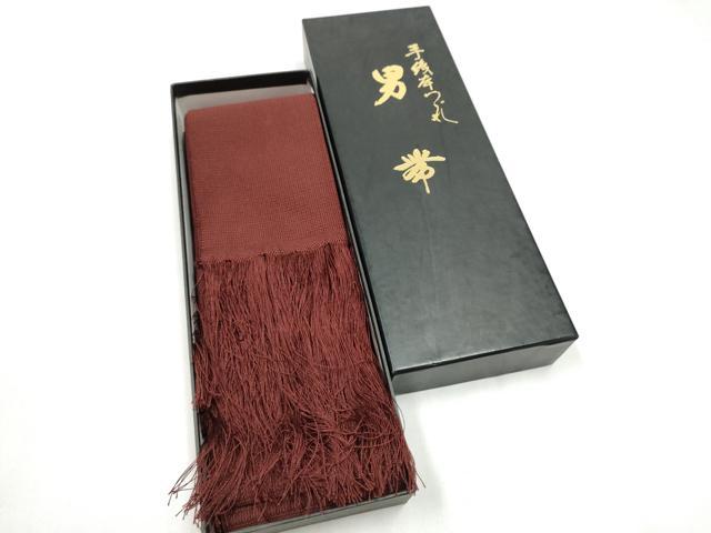 平和屋着物●男性　爪搔き本綴れ　角帯　手織　葡萄茶色　共箱付き　正絹　逸品　CABL1102hy
