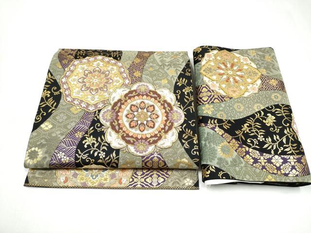 平和屋着物●つけ帯　唐織　正倉院花文　黒地　金糸　正絹　逸品　CABL1158hy