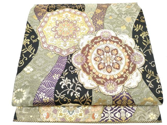 平和屋着物●つけ帯　唐織　正倉院花文　黒地　金糸　正絹　逸品　CABL1158hy