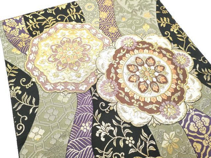 平和屋着物●つけ帯　唐織　正倉院花文　黒地　金糸　正絹　逸品　CABL1158hy