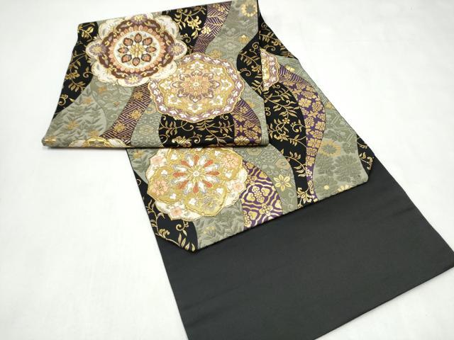 平和屋着物●つけ帯　唐織　正倉院花文　黒地　金糸　正絹　逸品　CABL1158hy