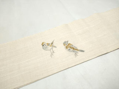 平和屋着物＊夏物　つけ帯　手描き　紬地　雀　正絹　逸品　CABL1160hy
